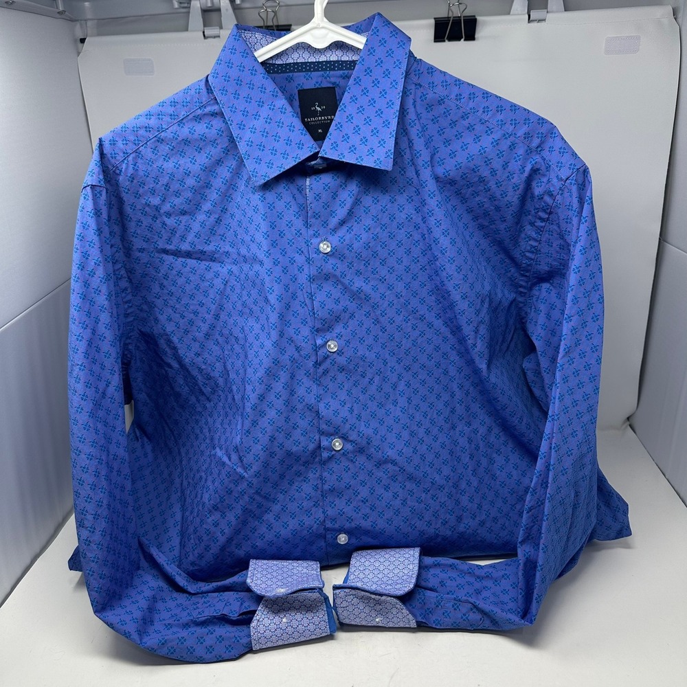 Tailorbyrd Button Down Men XL Blue Geometric Print Flamingo Cotton Dress Shirt